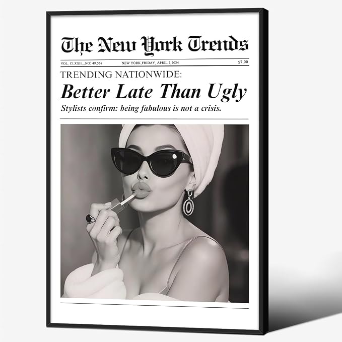 Trendy Newspaper Black Framed Posters Better Late Than Ugly Wall Art Vintage by FuSatisYilife