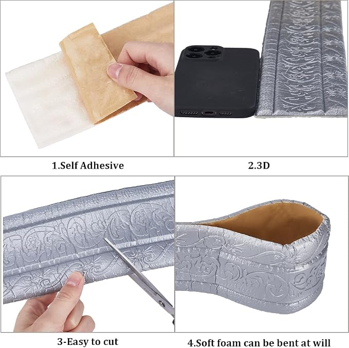 CRASPIRE 88 x 3 Inch Silver 3D Sticky Decorative Wallpaper Border Foam - Image 6
