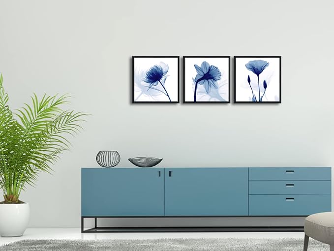 Wieco Art Framed Blue Abstract Flowers 3 Panels Canvas Prints Wall Art Modern - Image 4