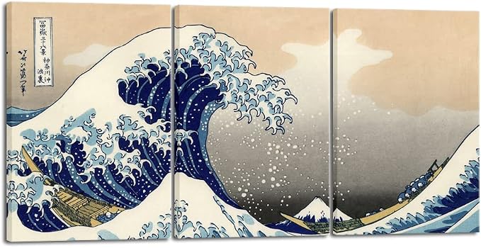 Wieco Art Great Wave of Kanagawa Katsushika Hokusai 3 Piece Modern Stretched by WiecoArt