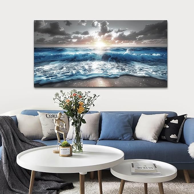hyidecorart Blue Sea Waves Wall Pictures Framed Wall Art - Image 3