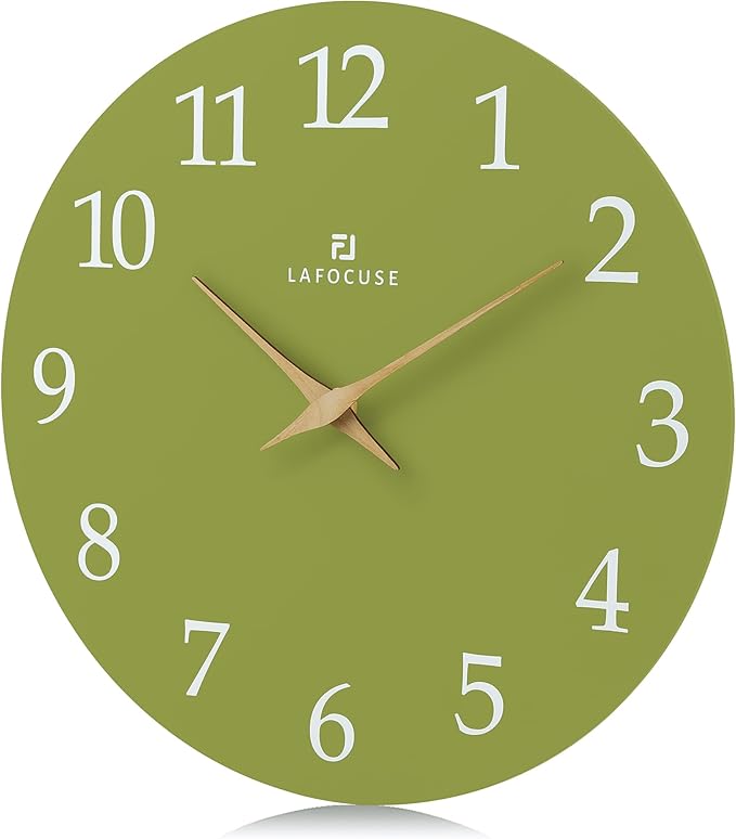 Lafocuse 12 Inch Wooden Olive Green Wall Clock Battery Operated Silent - Image 5