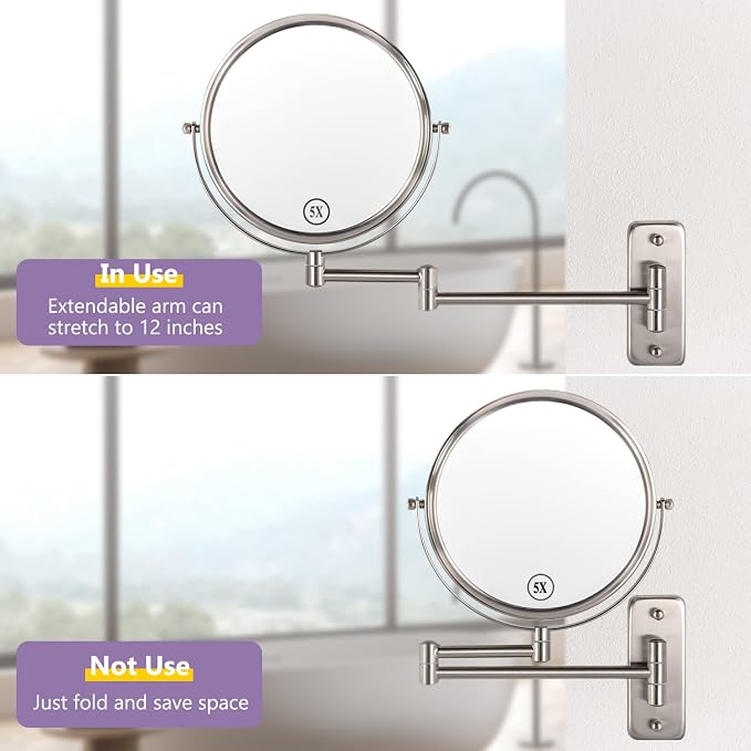 Wall Mounted Makeup Mirror, 1X/5X Magnifying Mirror Double Sided, 8 Inch - Image 5