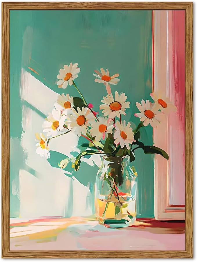 Framed Moody Floral Canvas Wall Art, Vintage Daisy Flower Pictures Wall Decor by Unknown