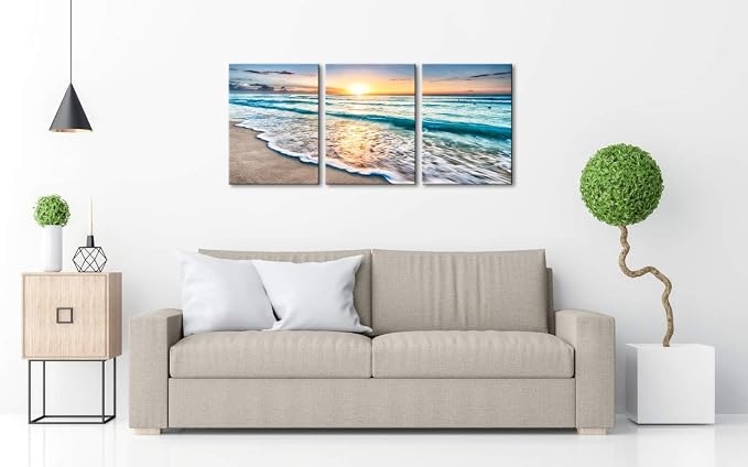 Wieco Art 3 Panel Blue Beach Canvas Wall Art - Image 4