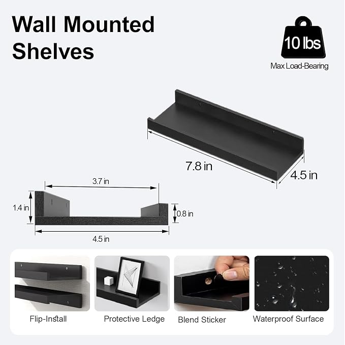 Small Black Floating Shelves for Wall Decor, Wall Mounted Wood Shelf for Bedroom - Image 3