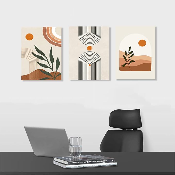Boho Wall Art Set of 3, MidCentury Modern Wall Prints Framed Canvas Paintings - Image 7