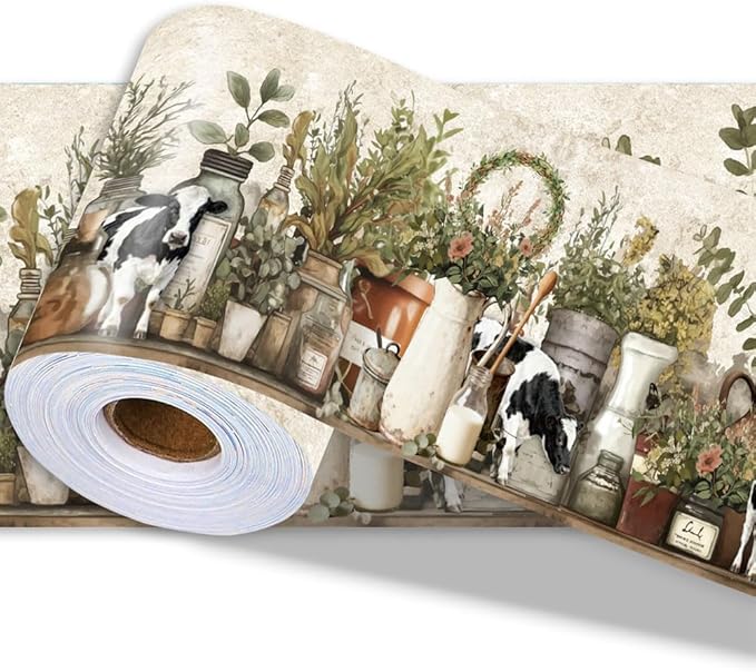 Farmhouse Wallpaper Border Wall Border Trim Peel and Stick 19.7 x 4 Inch Cattle by PRESSINART