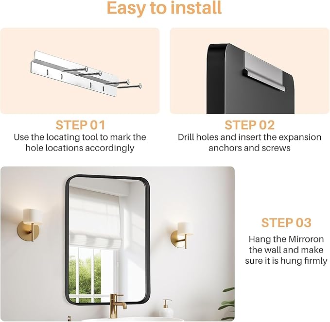 Bathroom Mirror for Wall, 30x22 Inch Rectangle Mirror, Matte Black Metal Framed - Image 4
