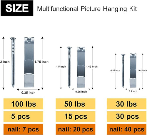 117Pcs Picture Hangers, 3 Size Picture Hooks Including 30/50/100lbs, Picture - Image 2