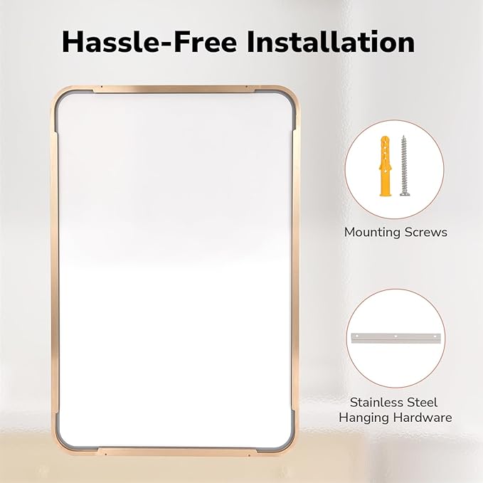 USHOWER Gold Bathroom Mirror 24"x36", Brushed Gold Rounded Rectangle Mirror - Image 6