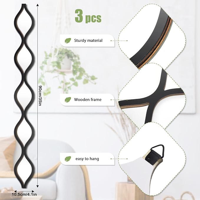Yulejo 3 Pcs Acrylic Teardrop Mirror Decor Narrow Wall Decor Boho Vintage Wall - Image 2