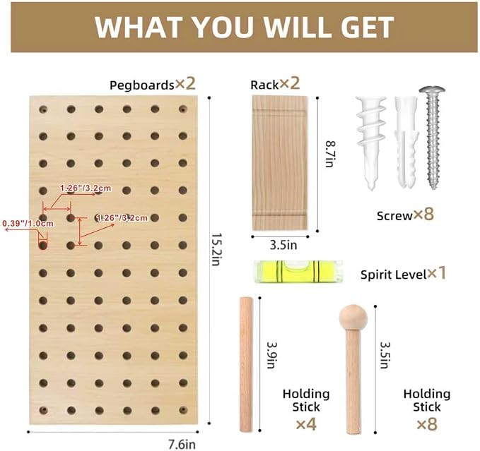 2 Pack Beige Wooden Pegboard, Modular Wall Organizer Storage Shelf - Image 4