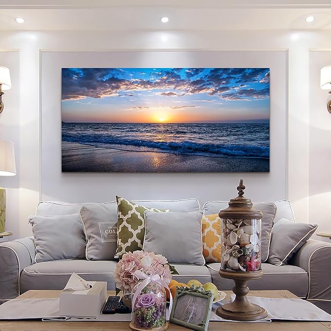 Wapluam Large Canvas Wall Art Sunset Beach Painting Picture Print on Canvas - Image 3