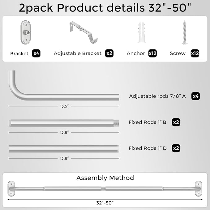 2 Pack Curtain Rods 32-46 Inch, 1 Inch Adjustable Heavy Duty Room Darkening - Image 7