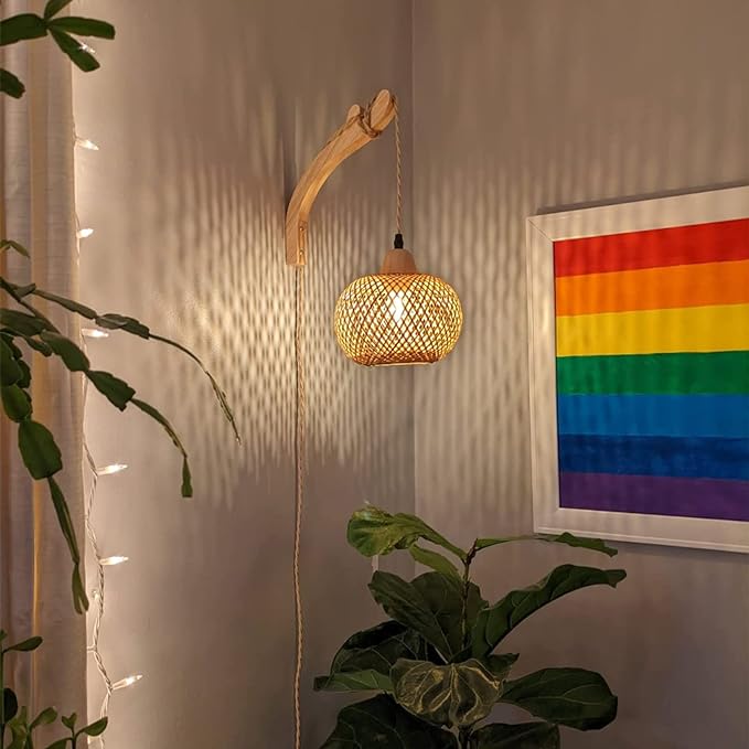 Frideko Bamboo Wall Sconces Set of Two Plug in, Boho Wall Lamp - Image 3