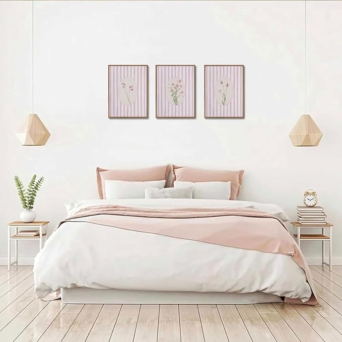 3 Piece Floral Framed Wall Art Pink Wildflower Canvas Wall Art Flower Pictures - Image 3