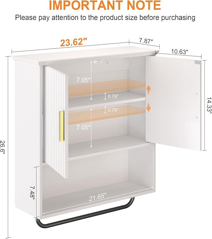 Bathroom Wall Cabinet with Towel Bar, 2 Doors & Adjustable Shelves - Image 2