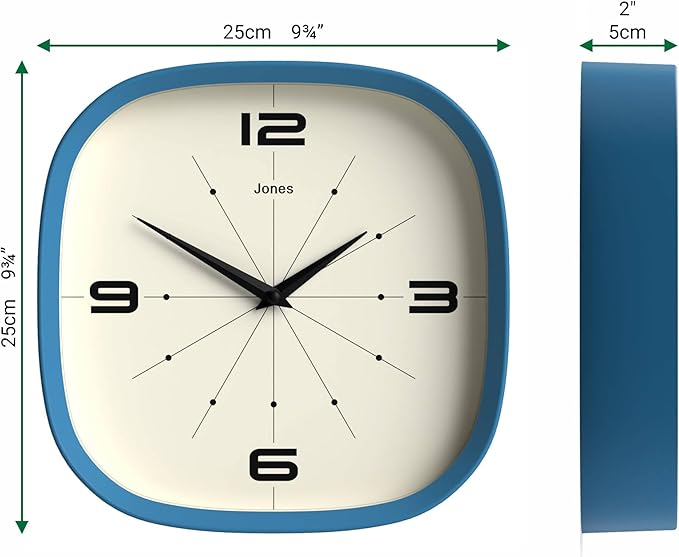 JONES CLOCKS® Pulsar wall Clock | Square Rounded Retro Clock | 10 inch | Blue | - Image 4