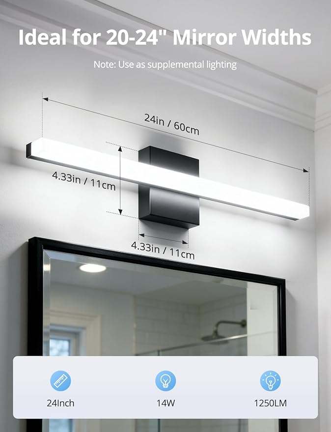 Combuh 2 Pack Bathroom Light Fixtures Black Vanity Lights Bar 24 Inch 14W - Image 6