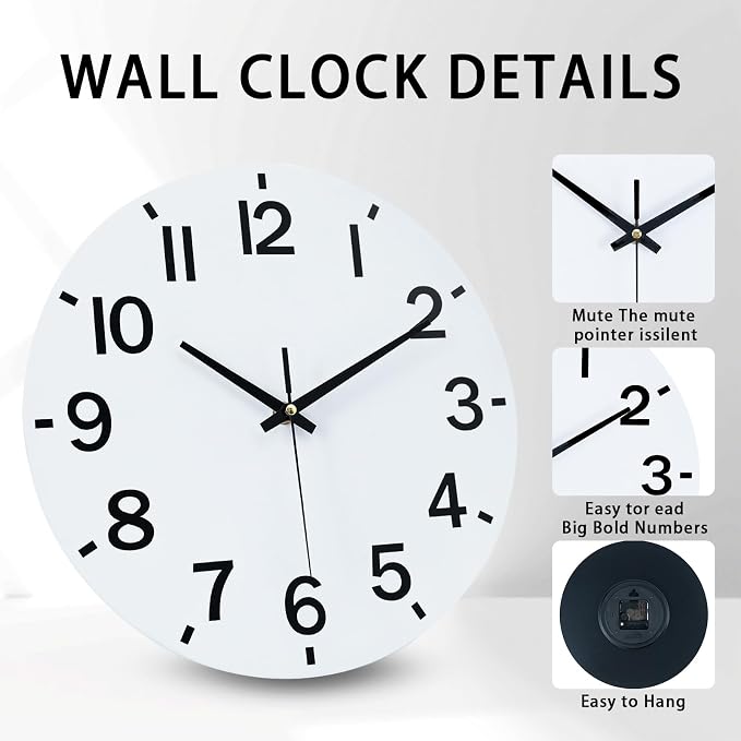 HZDHCLH Wall Clock 10 Inch Silent Non Ticking Wood Battery Operated White - Image 2