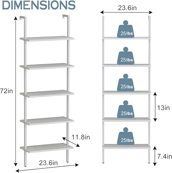 aboxoo Ladder Shelf White Wooden Bookshelf 5-Tier Wall-Mounted Open Wood Rack - Image 3