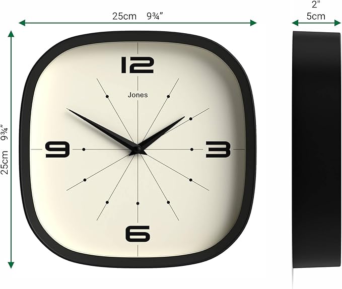 JONES CLOCKS® Pulsar wall Clock | Square Rounded Retro Clock | 10 inch | Black - Image 4