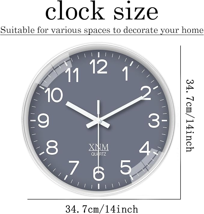 XNM Minimalist Wall Clocks Battery Operated 14 Inch Grey Wall Clock Decorative - Image 3