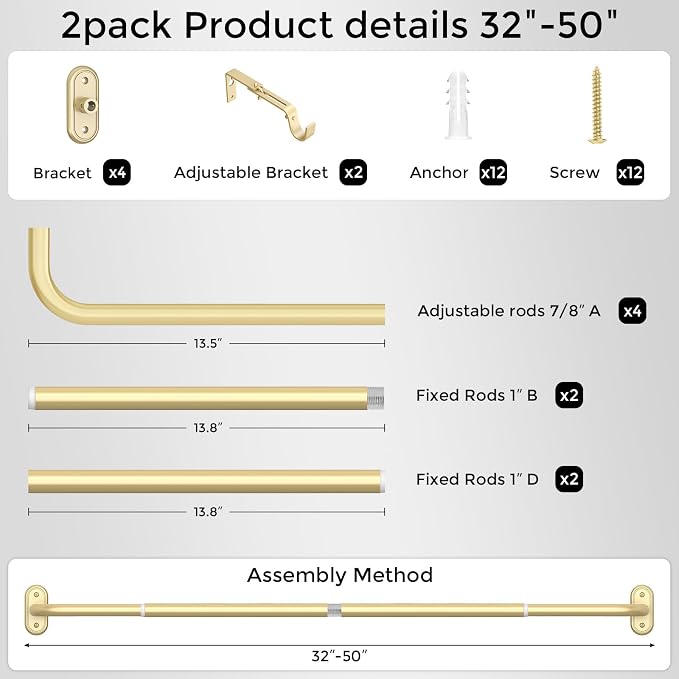 2 Pack Curtain Rods 32-46 Inch, 1 Inch Adjustable Heavy Duty Room Darkening - Image 7