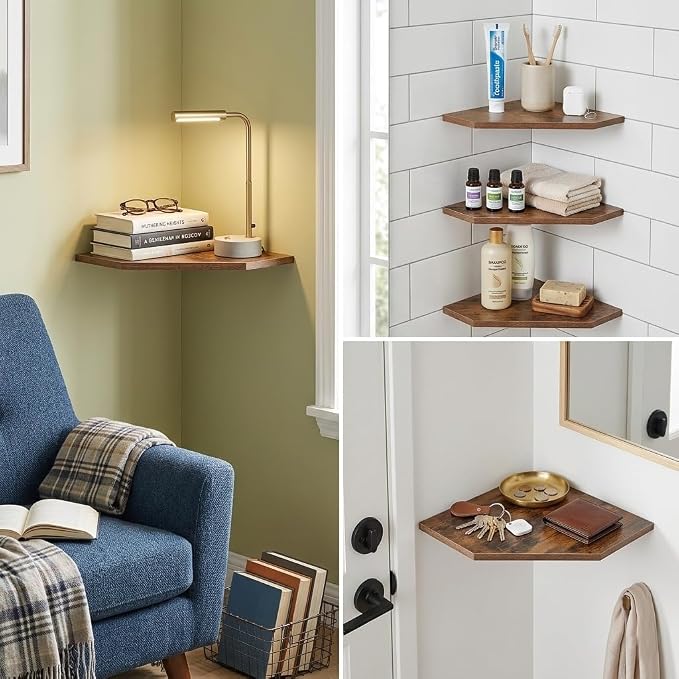 SUYU Set of 3 Floating Corner Shelves, 11.8" Rustic Wood Corner Shelf Wall - Image 5