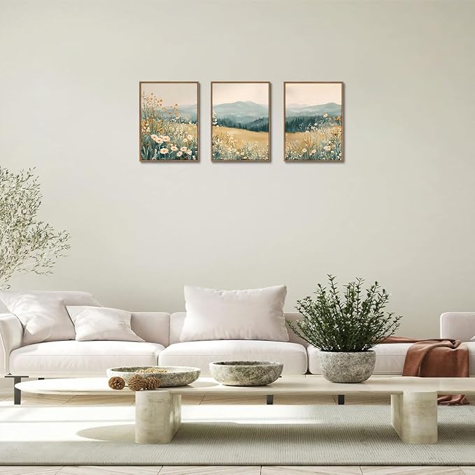 KISSFOX 3 Piece Framed Wildflower Wall Art Floral Wall Decor Landscape Flower - Image 3