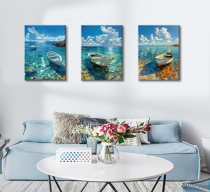 Ocean Seascape Wall Art Nautical Boat on Beach Canvas Picture Framed Art - Image 8