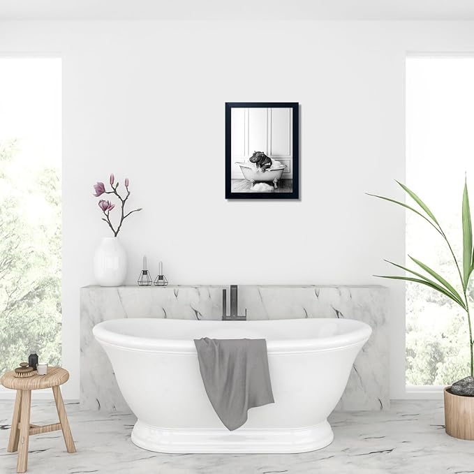 Framed Bathroom Decor Wall Art Black and White Canvas Print Cute Hippo in - Image 8