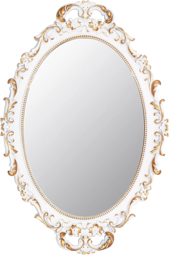 Tstarer Vintage Decorative White Framed Mirror, Small Oval Wall Hanging Mirror by Tstarer