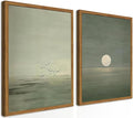 Framed Sage Green Japanese Canvas Wall Art Set of 2, Minimalist Moon and Birds by Hwetui