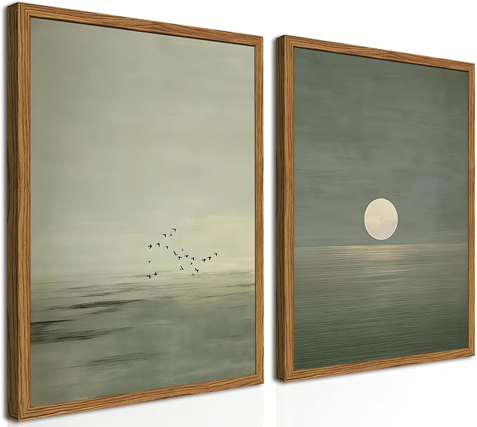 Framed Sage Green Japanese Canvas Wall Art Set of 2, Minimalist Moon and Birds by Hwetui