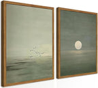 Framed Sage Green Japanese Canvas Wall Art Set of 2, Minimalist Moon and Birds by Hwetui