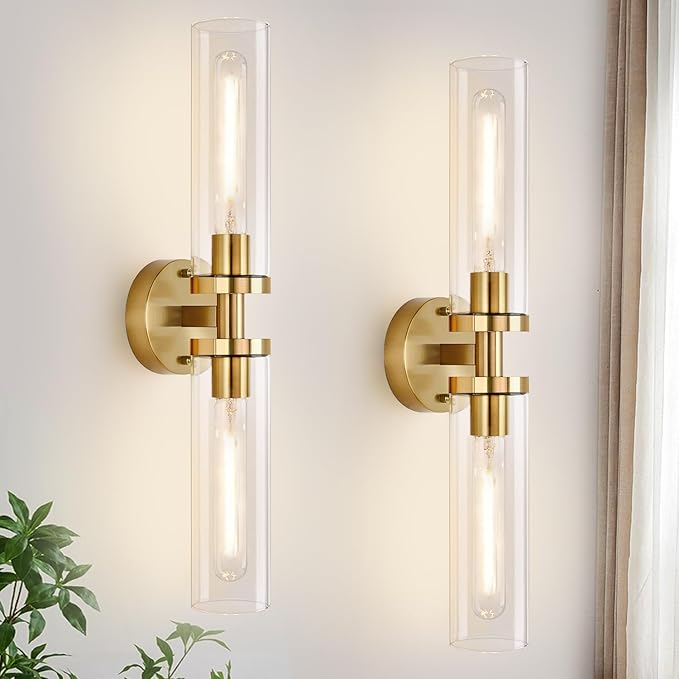 Wall Sconces Set of Two, Hardwired Brushed Gold Bathroom Sconces Wall Lighting by Indoibrightenyourbathroom