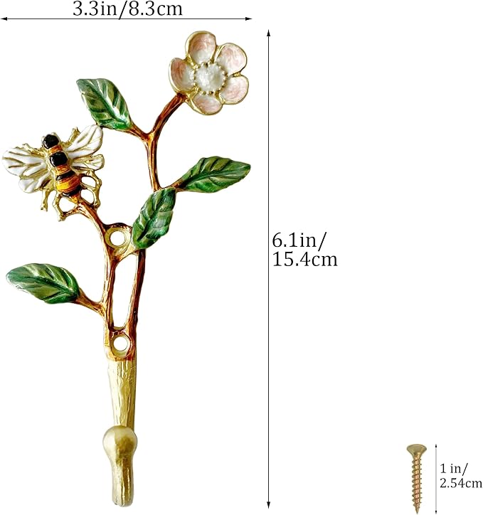 Vintage Bee-Shaped Decorative Wall Hooks, 2 Pack Hand-Painted Floral Metal Wall - Image 2