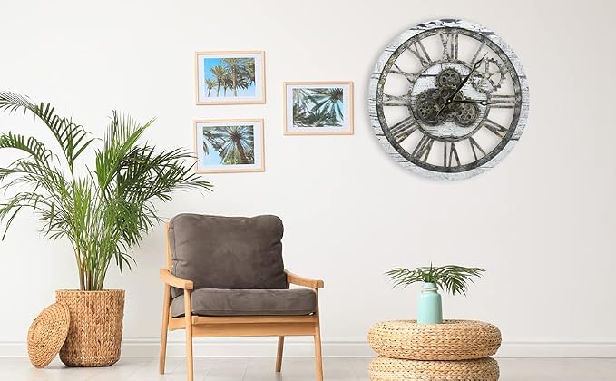 HOIBAI Vintage Industrial Wall Clock, 24 Inch, Rustic Natural Wood, Moving Gears - Image 2