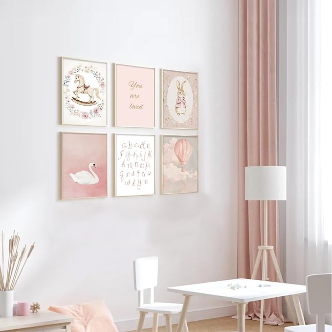 Uniro Pink Nursery Wall Decor Art Prints, Vintage Baby Girl Nursery Room Decor - Image 4