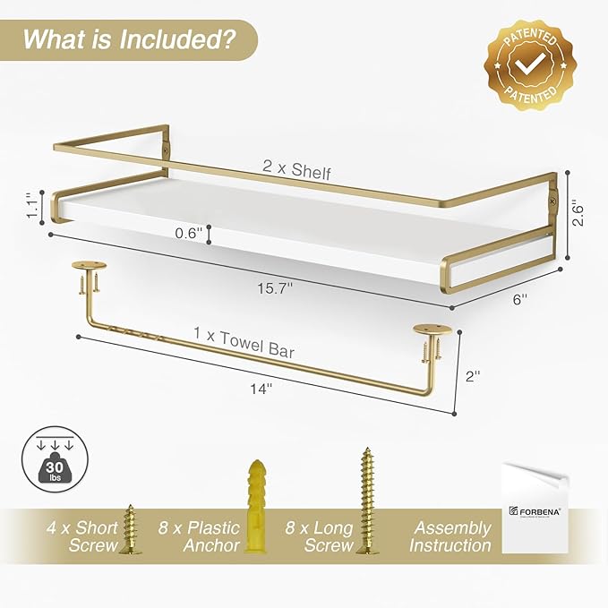 Forbena Floating Bathroom Shelves Wall Mounted, Aesthetic White and Gold Shelves - Image 3