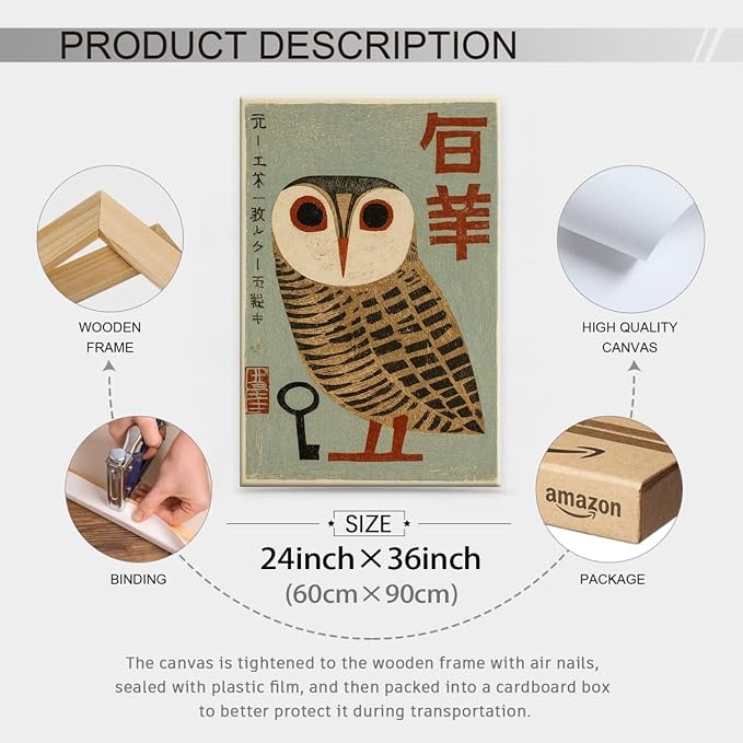 Vintage Japanese Framed Wall Art Owl Poster Mid Century Animal Print 24x36in - Image 2