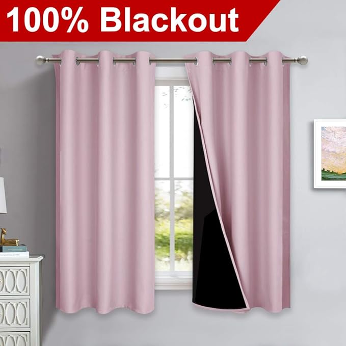 NICETOWN 100% Blackout Curtains 45 inches Long, 1 Pair, Baby Pink, 42 inches - Image 2