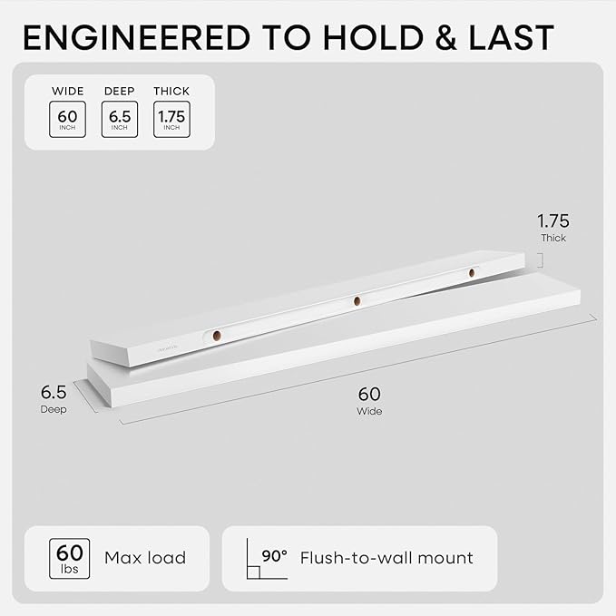 Homeforia Floating White Shelf 60 inches, High End Solid Real Wood 60inch Long - Image 2