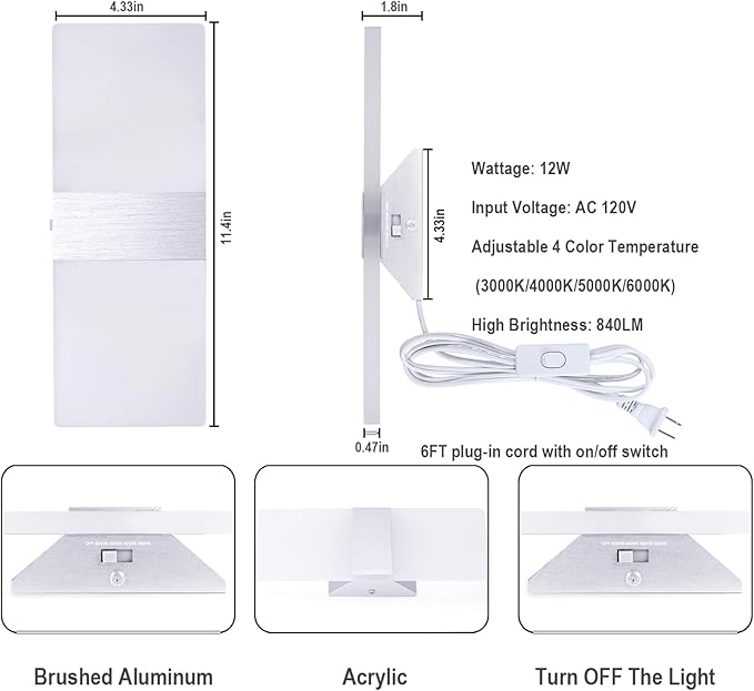 TRLIFE Wall Sconces Plug in, Adjustable 4 Color Temperature Modern LED Wall - Image 4