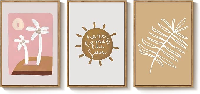 Framed Neutral Boho Abstract Wall Art Bedroom, 3 Piece Minimalist Tropical Sun - Image 8