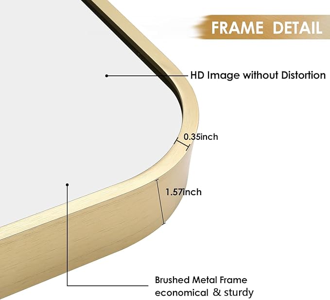 20x30 Inch Gold Bathroom Mirror, Brushed Gold Metal Framed Rectangular Mirror - Image 4