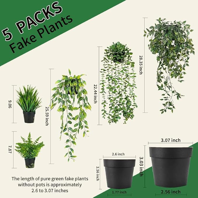 5 Pack Fake Plants for Wall Home Room Office, Artificial Hanging Plants - Image 3