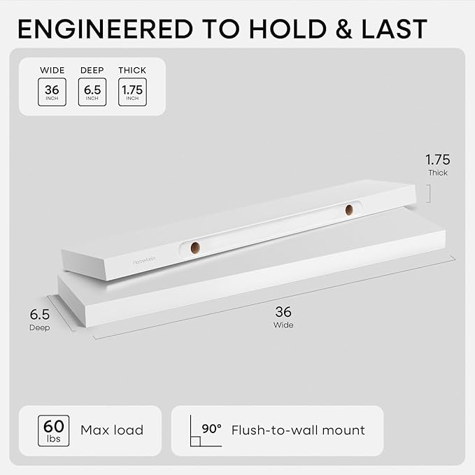 Homeforia White Floating Shelves 36 inch, High End Solid Real Wood 36inch - Image 2